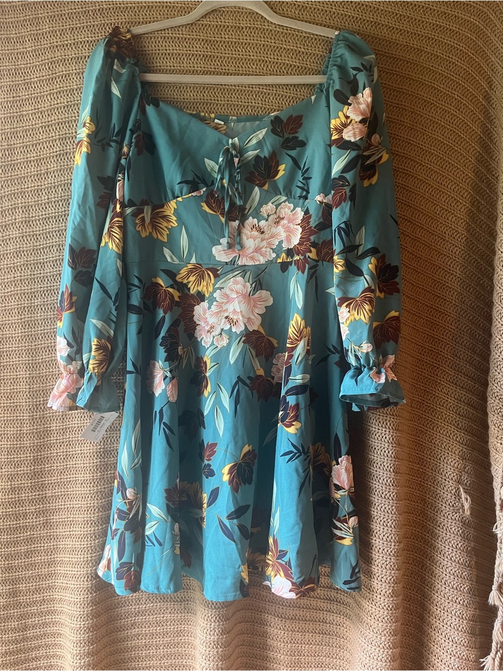 Floral Teal Long-Sleeve Mini Dress with Puff Sleeves